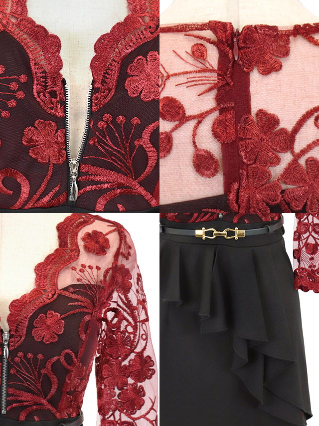 袖ありベルト付きシースルーフラワー刺繍フロントジップアシメペプラムタイトミニドレスの商品詳細画像1