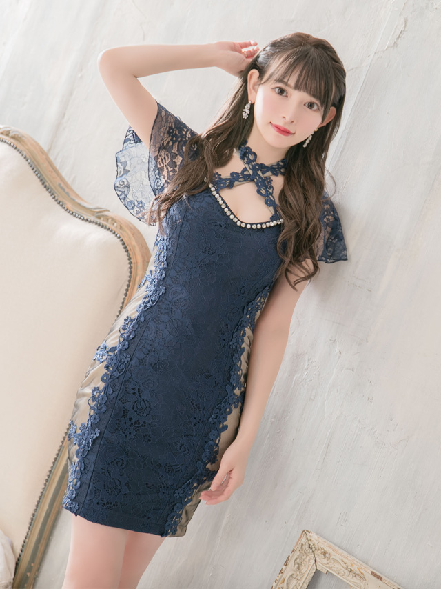 クロスネックフレスリーブサイドシースルー切り替え×総レースタイトミニドレスのイメージ画像2