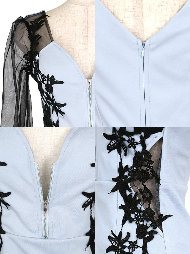 長袖シアーパフスリーブ切替フロントジップフラワー刺繍くびれタイトミニドレスの商品詳細1