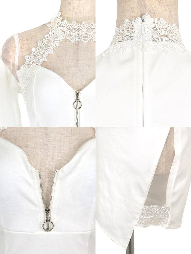 長袖シアーハイネック刺繍バストカットアウトジップストレッチアシメタイトミニドレスの商品特徴