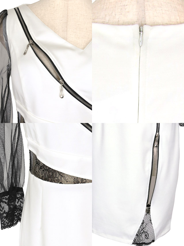 袖ありブラックシアーパフスリーブ切替ジップデザインタイトミニドレスの商品特徴