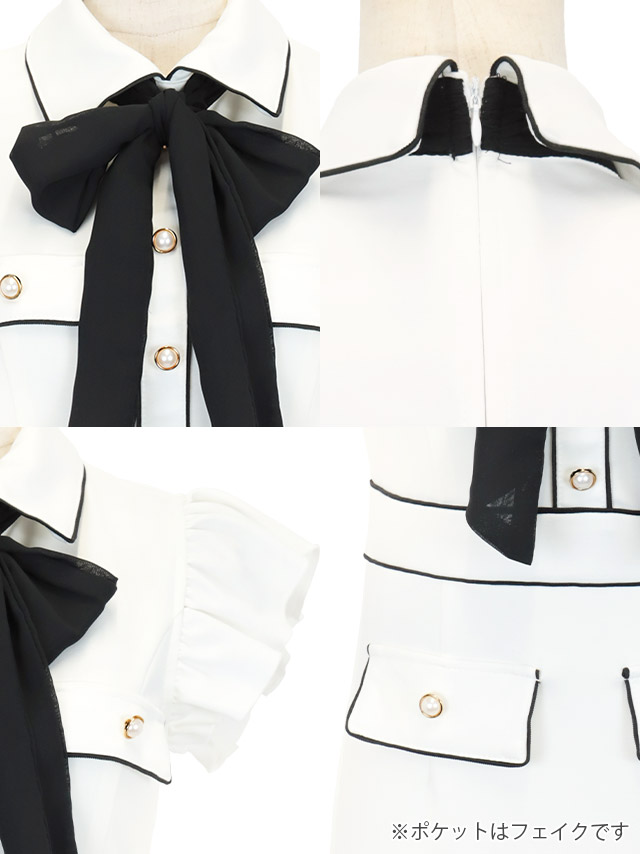 襟付きパイピングネックリボンフリル袖ノースリーブタイトミニドレスの商品特徴