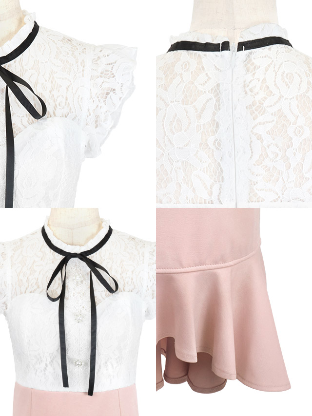 ネックリボンホワイトレースウエスト切替ノースリーブ裾フリルテールタイトミニドレスの商品特徴