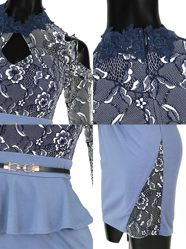 シースルーレース袖あり肩あきペプラムタイトミニドレスの商品詳細1