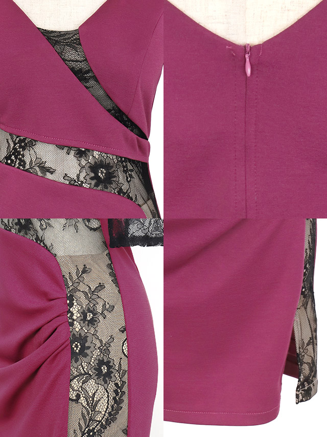 フラワーレースサイドスリットヌーディー切替袖ありタイトミニドレスの商品特徴