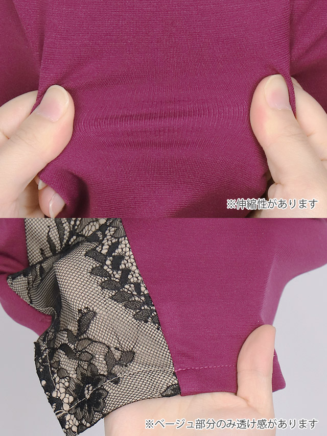 フラワーレースサイドスリットヌーディー切替袖ありタイトミニドレスの商品詳細1