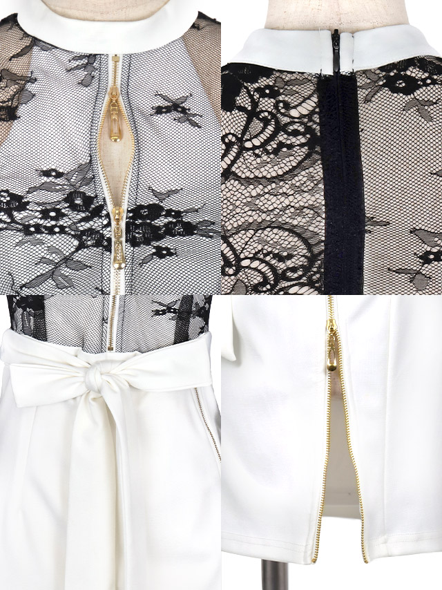 袖ありフラワーレース切り替えハイウエストリボンジップデザインタイトミニドレスの商品特徴