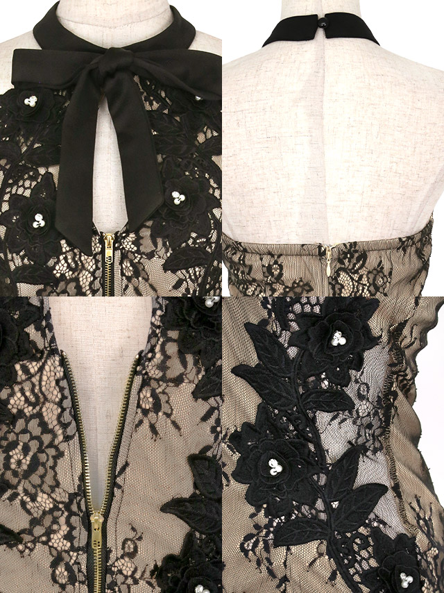 アメリカンスリーブネックリボンジップフラワー刺繍シアーくびれタイトミニドレスの商品特徴