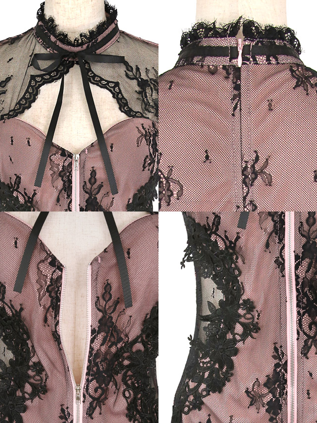フラワー刺繍ハイネックリボンバストカットフロントジッパーくびれ半袖タイトミニドレスの商品特徴
