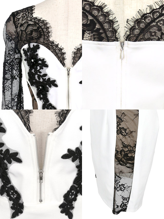 長袖ブラックスカラップレース切替バストジップフラワー刺繍タイトミニドレスの商品特徴