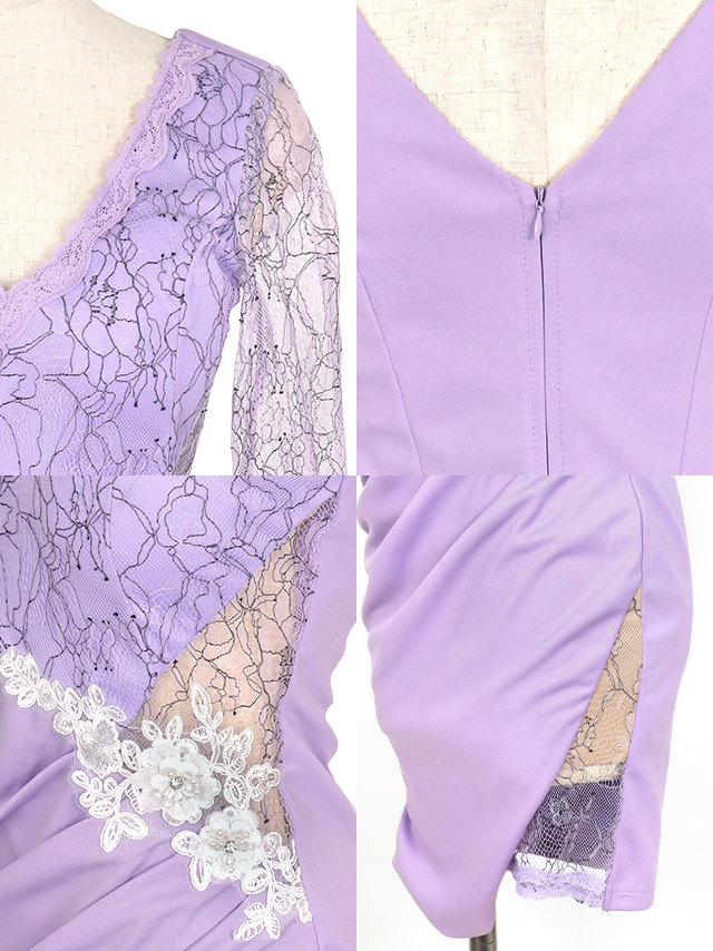 フラワー刺繍レース切替サイドシアー袖ありタイトミニドレスの商品特徴