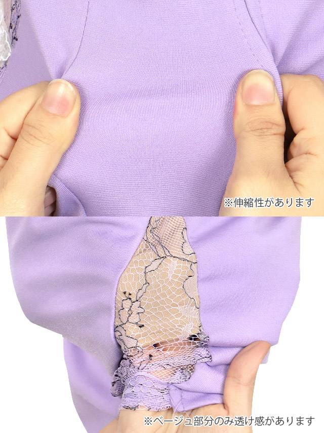 フラワー刺繍レース切替サイドシアー袖ありタイトミニドレスの商品詳細1
