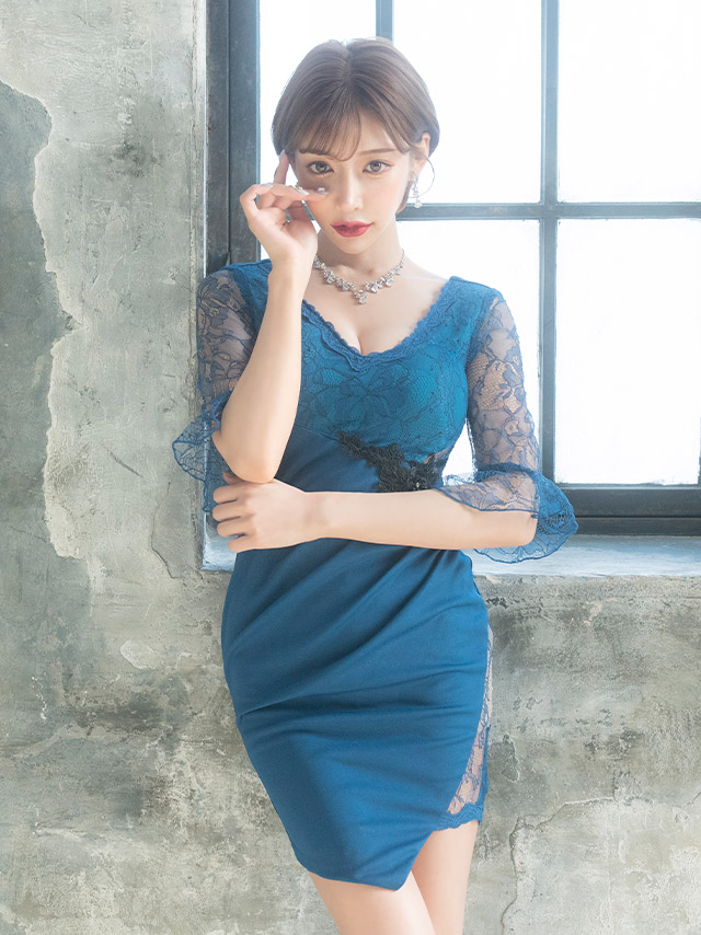 袖ありレースベルスリーブサイドシアーフラワー刺繍切り替えアシメタイトミニドレスのイメージ画像4