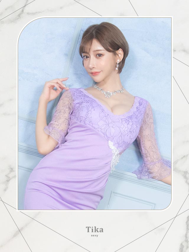 フラワー刺繍レース切替サイドシアー袖ありタイトミニドレスのイメージ画像1