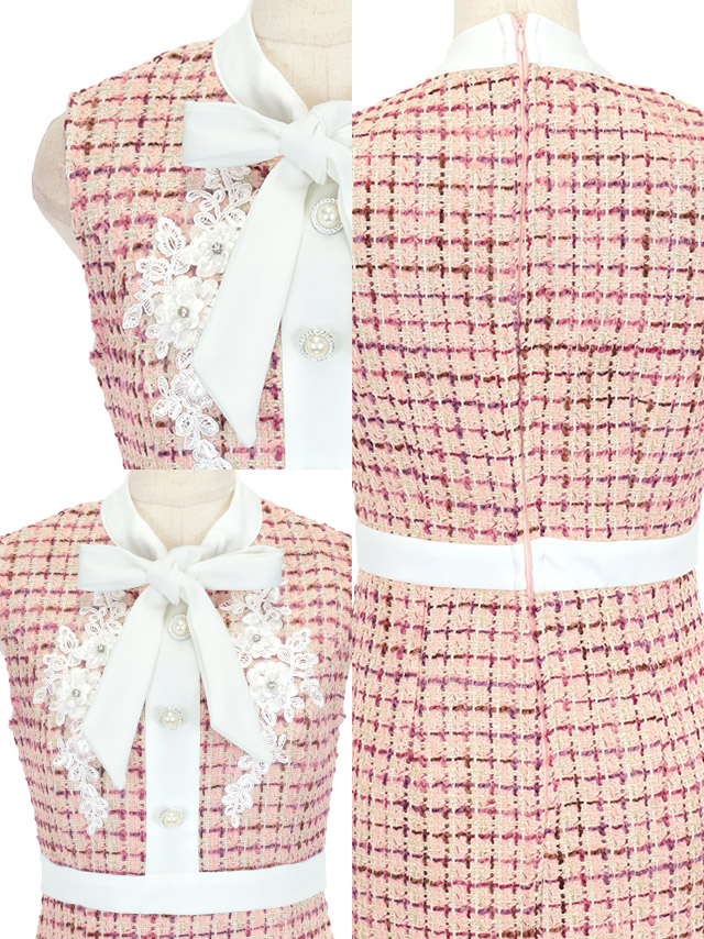ネックリボンフラワー刺繍ノースリーブツイードチェック柄タイトミニドレスの商品特徴