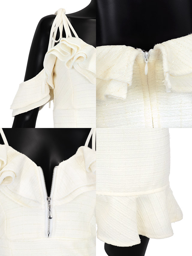 リボンショルダー胸元フリルジップツイード肩あきタイトミニドレスの商品特徴