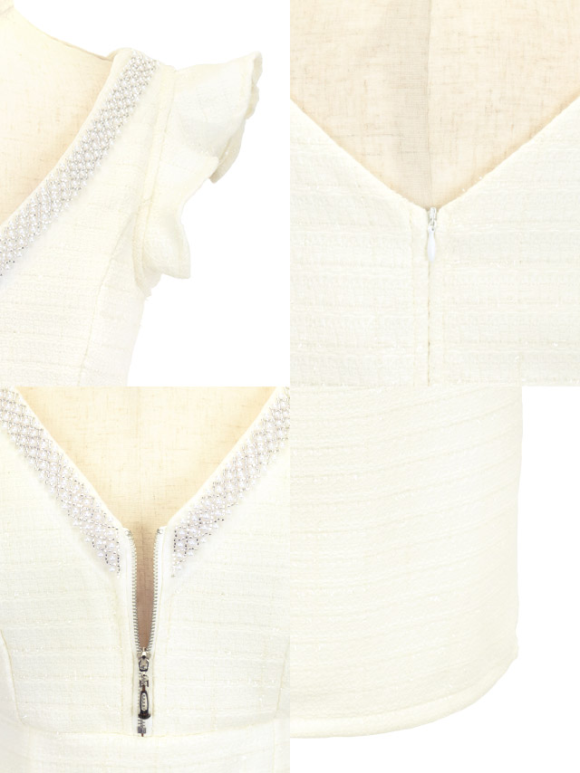 ノースリーブフリル袖パールビジュー付きVネックジップラメ入りツイードタイトミニドレスの商品特徴