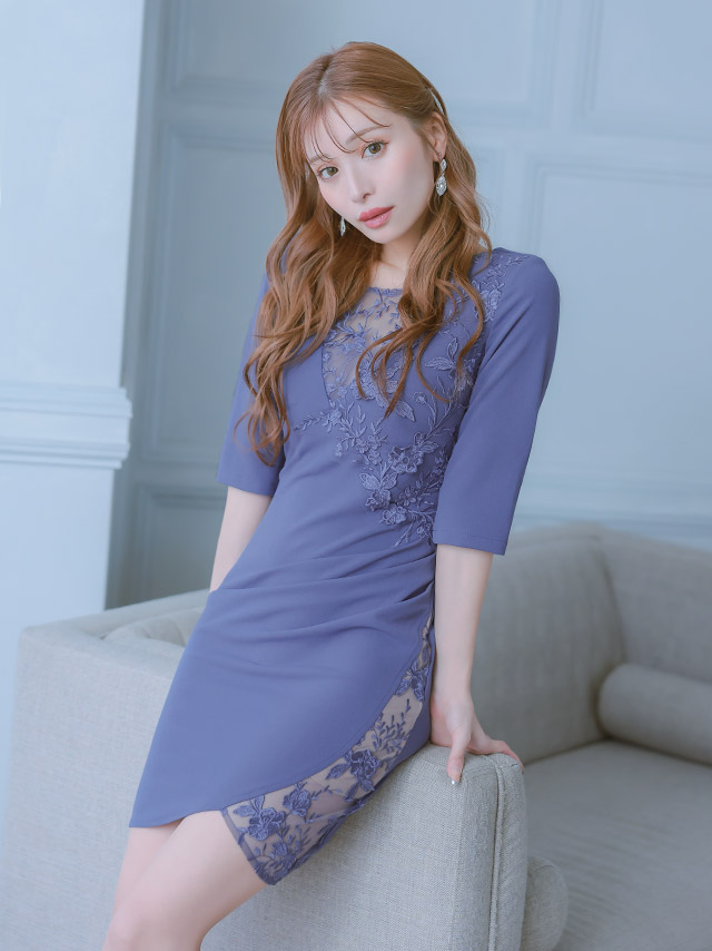 袖ありフラワー刺繍シアーアシメギャザータイトミニドレスのイメージ画像3