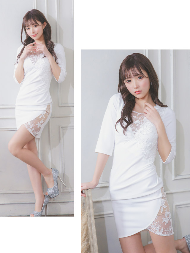 フラワー刺繍シアー切り替え袖ありラップ風ギャザータイトミニドレスのイメージ画像2