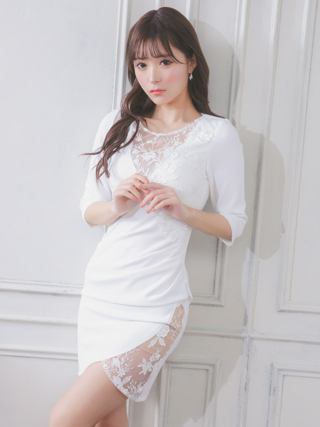 フラワー刺繍シアー切り替え袖ありラップ風ギャザータイトミニドレスのイメージ画像3