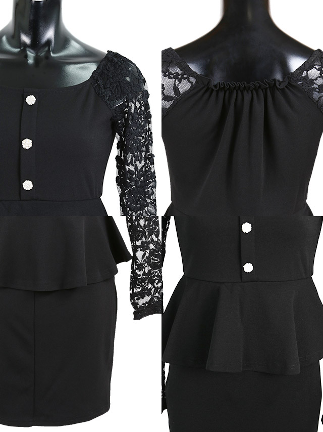 ミニドレス レース長袖 ペプラム タイト 黒 XL キャバドレスの商品特徴1
