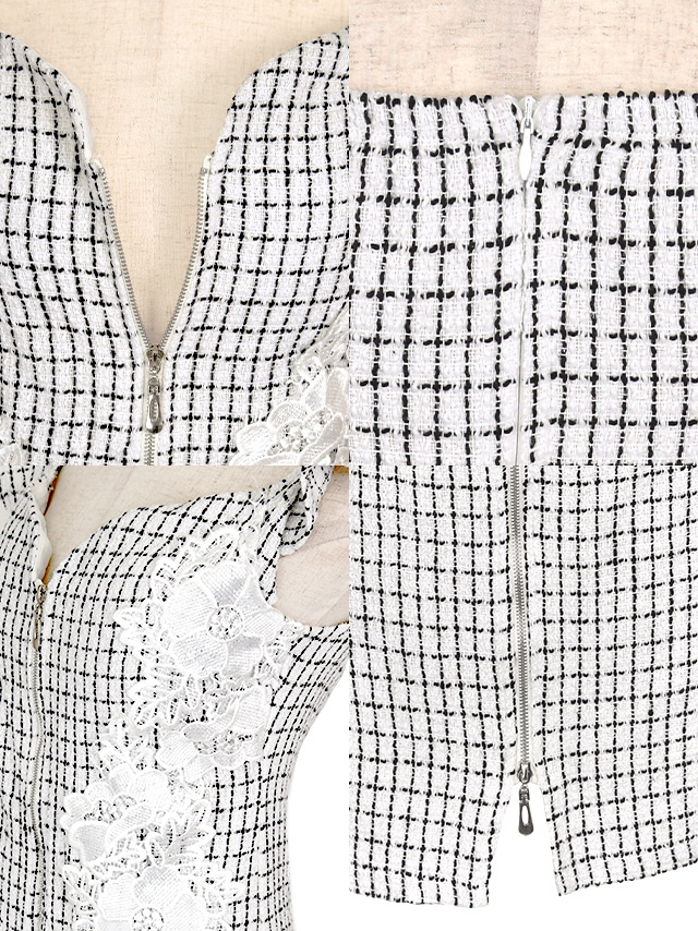 オフショルダーフリル袖ダブルジップツイードチェック柄サイドフラワー刺繍タイトミニドレスの商品特徴
