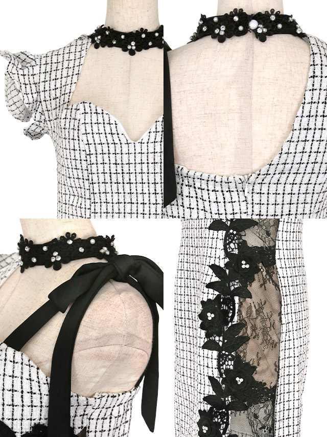 チョーカー付きツイードチェック柄ワンショルダーサイドヌーディー刺繍切り替えタイトミニドレスの商品特徴