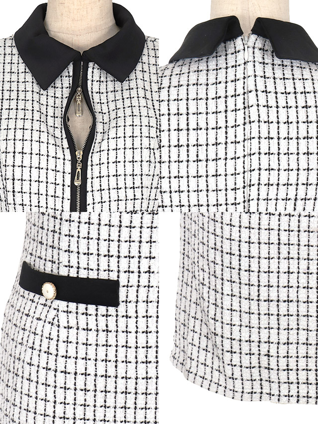 バストダブルジップ襟付きツイードチェック柄ノースリーブタイトミニドレスの商品特徴