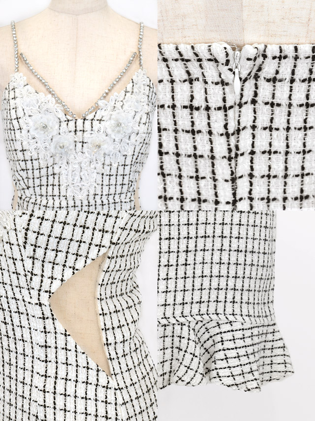 キャミソールビジュー刺繍くびれヌーディー切り替えツイードチェック柄裾フリルタイトミニドレスの商品特徴