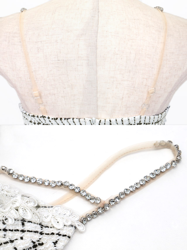 キャミソールビジュー刺繍くびれヌーディー切り替えツイードチェック柄裾フリルタイトミニドレスの商品特徴