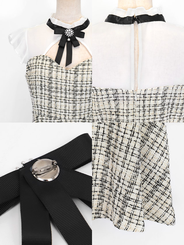 ネックリボンシアーフリル袖バストカットツイードチェック柄膝丈フレアミニドレスの商品特徴
