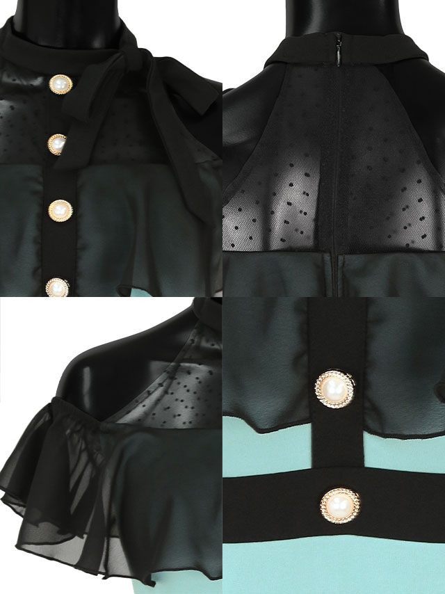 ネックリボンアメリカンスリーブバイカラー配色肩あきタイトミニドレスの商品詳細