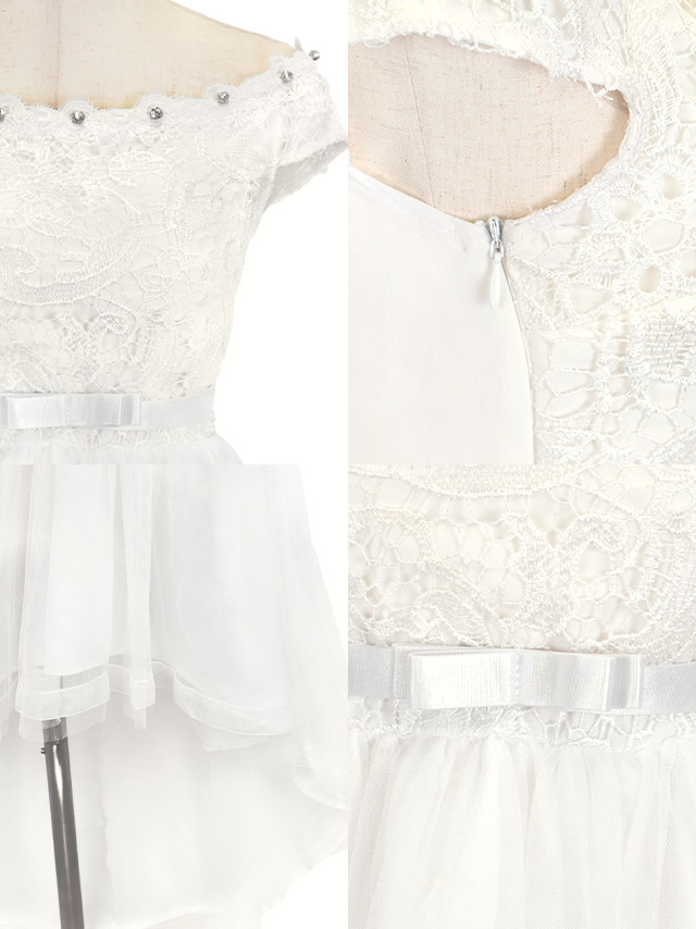 バースデー オフショルダーチュールスカートハイウエスト切替フレアロングテールドレスの商品特徴1