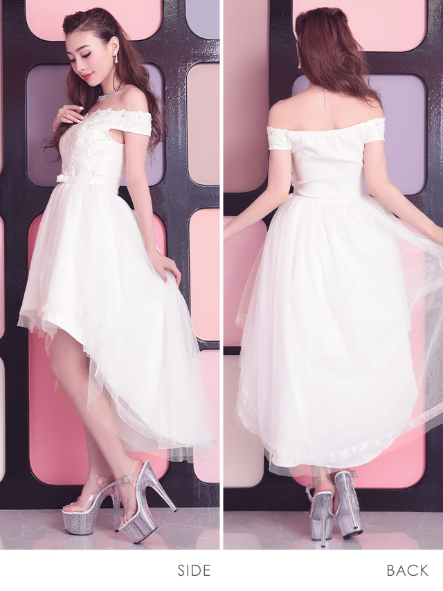 バースデー オフショルダーチュールスカートハイウエスト切替フレアロングテールドレスのサイドバッグ全身