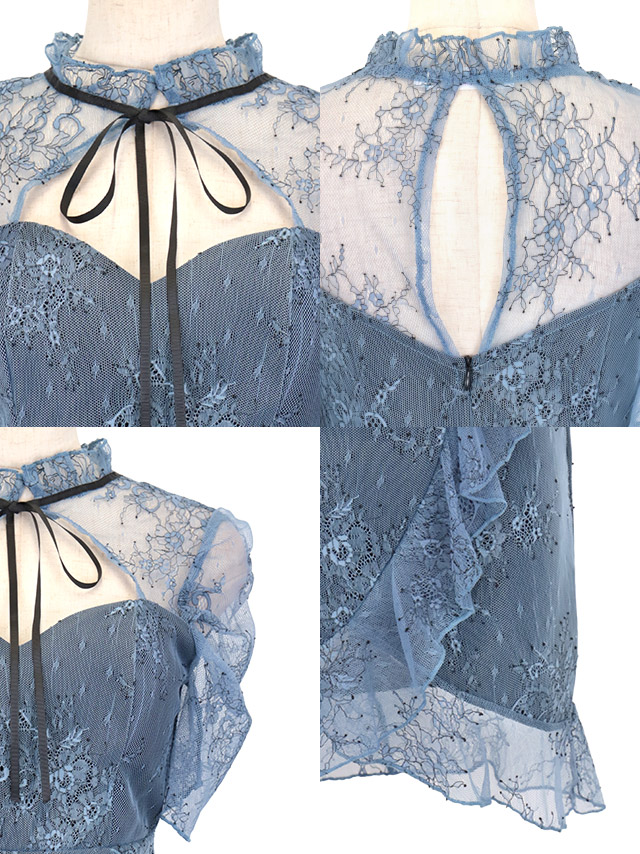 袖ありバストカットネックリボン総フラワーレースフリルラップ風タイトミニドレスの商品特徴