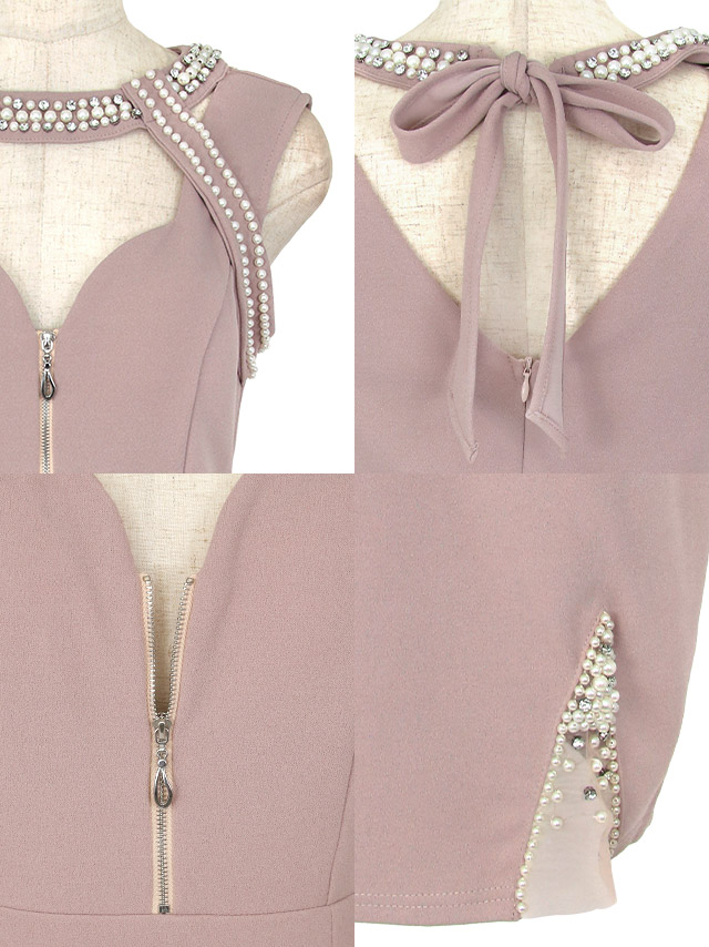 ノースリーブネックバックリボンパールバストカットジップデザインタイトミニドレスの商品特徴