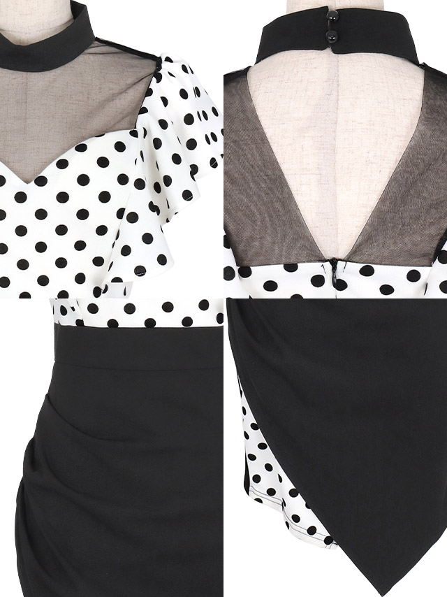 ハイネックシアー半袖ドットフリル袖切り替えアシメタイトミニドレスの商品特徴