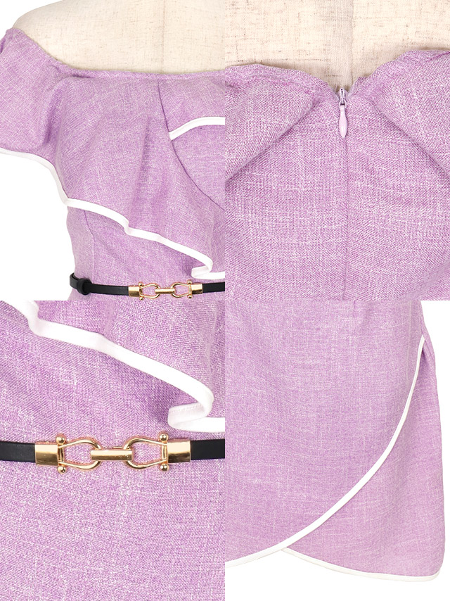 ウエストベルト付きパイピングオフショルダー胸元フリルラップタイトミニドレスの商品詳細1