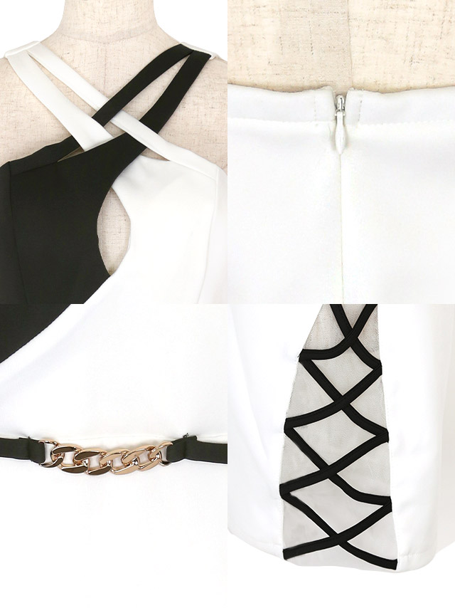 バイカラーダブルクロスネックベルト風デザインタイトミニドレスの商品詳細1