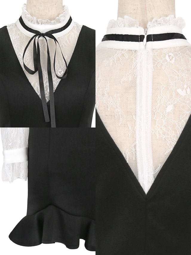 スタンドネックリボン長袖レース切り替え裾フリルタイトミニドレスの商品特徴