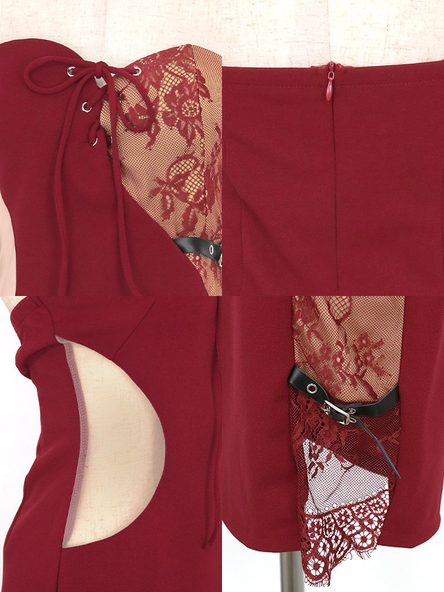 ベアバスト編み上げサイドフラワーレースバックルシアーくびれタイトミニドレスの商品詳細画像1
