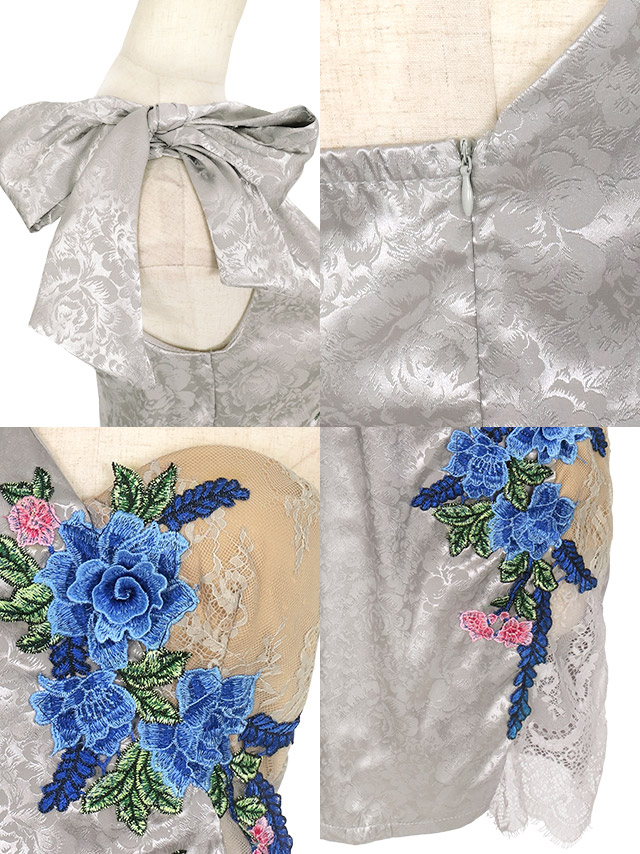 ワンショルダーリボンフラワー刺繍レースサテンジャガードタイトミニドレスの商品詳細画像1