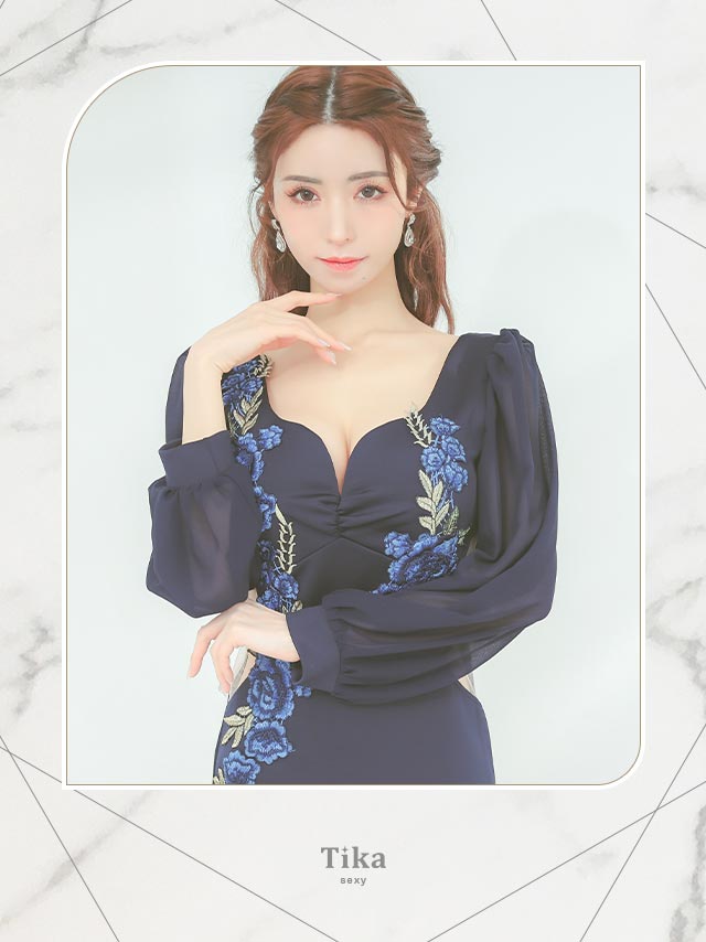 長袖シフォンパフスリーブくびれシアー切り替えフラワー刺繍タイトミニドレスのイメージ画像1