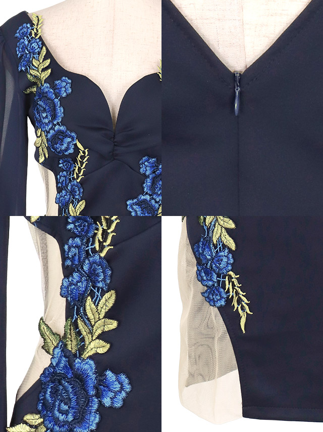 長袖シフォンパフスリーブくびれシアー切り替えフラワー刺繍タイトミニドレスの商品特徴