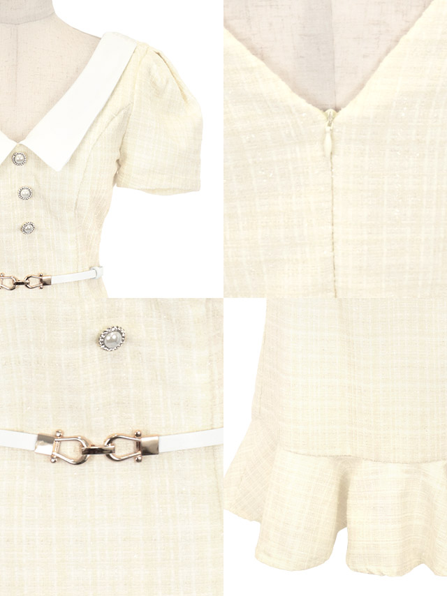 襟付き半袖パフスリーブウエストベルトツイード裾フリルタイトミニドレスの商品特徴
