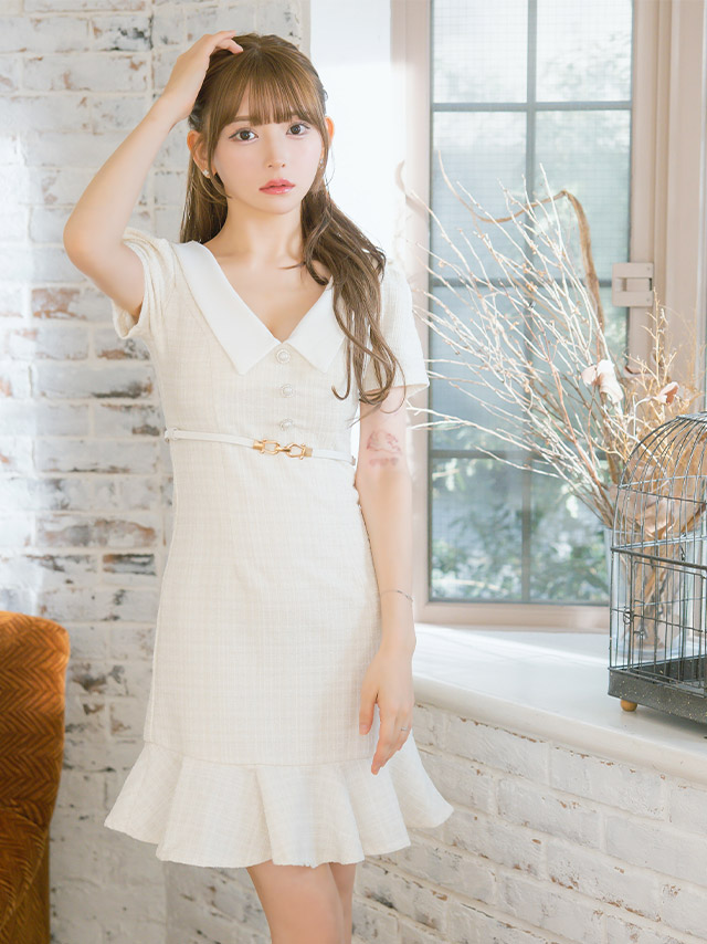 襟付き半袖パフスリーブウエストベルトツイード裾フリルタイトミニドレスのイメージ画像4
