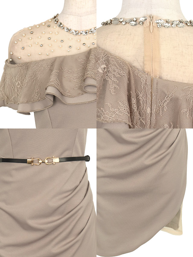ワンショルダー風デザイン胸元フリルデコルテシアーパールビジューアシメタイトミニドレスの商品特徴