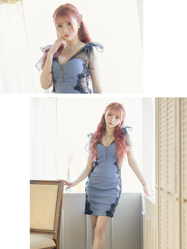 バストフロントジップフラワー刺繍くびれシアーリボンノースリーブタイトミニドレスのイメージ画像3