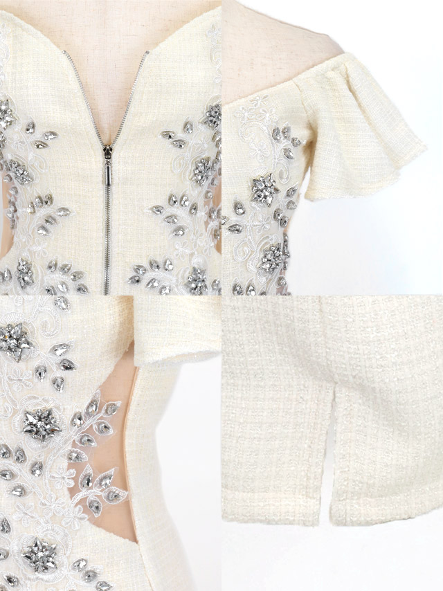 オフショルダーフリルフラワーモチーフ刺繍ビジューフロントジップツイードくびれタイトミニドレスの商品特徴