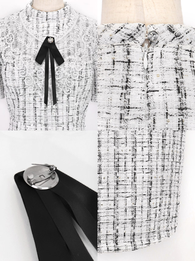 袖ありハイネックケミカルレースネックリボンツイードチェック柄タイトミニドレスの商品特徴